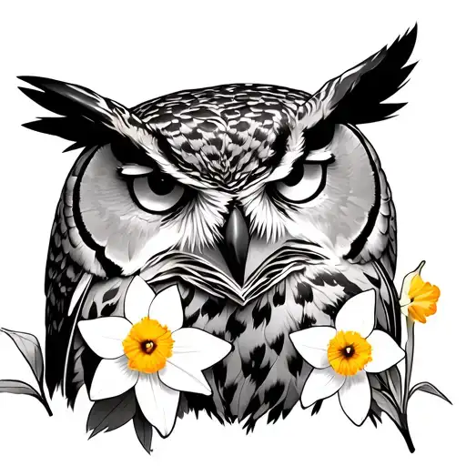 Great Horned Owl With Daffodils And Narciis