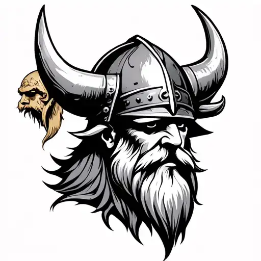 Viking Head With Long Beard And Helmet And In Background 2 Galdraboks One For Luck And One For Money