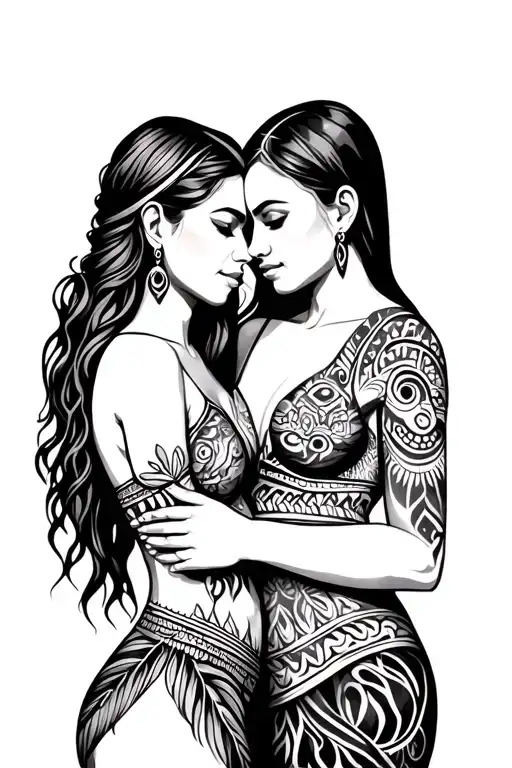 Two Women Embracing In Polynesian Tribal Patterns