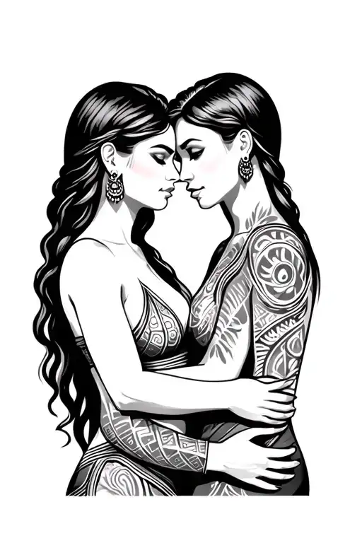Two Women Embracing In Polynesian Tribal Patterns