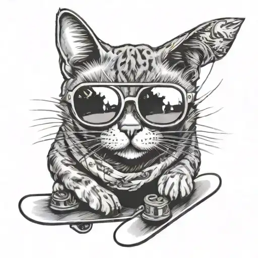 A Black And Grey Tattoo Of A Cat Wearing Sunglasses And Riding A Snowboard