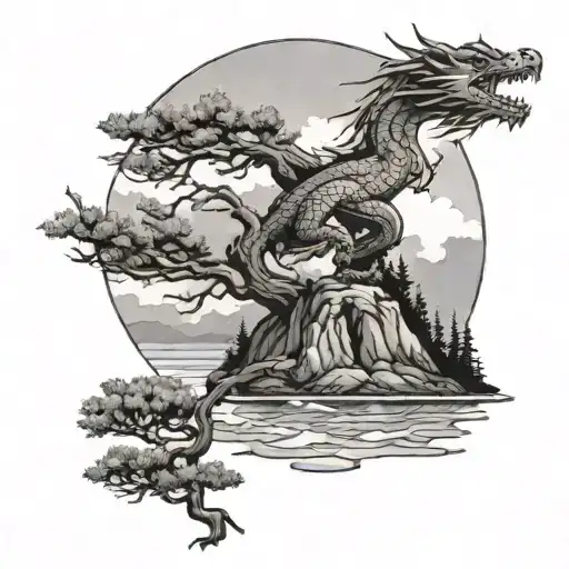 Pine Tree With Dragon Flying And Lake Surrounded