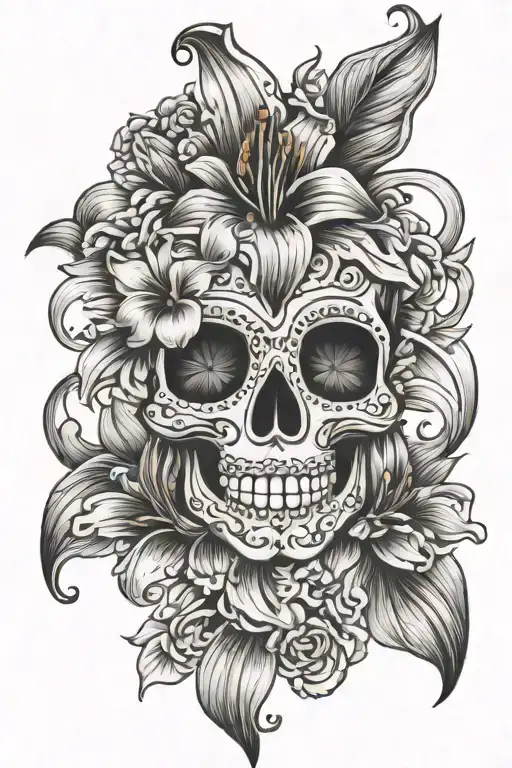 Sugar Skull With Tiger Lily Flower