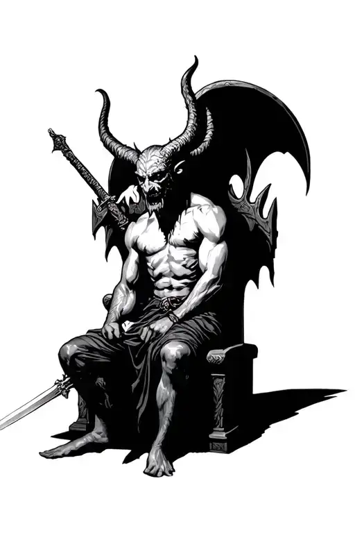 One Devil Sit On Thron On His Hand A Sword And Sarunnded By A Pithen Make A Full Arm