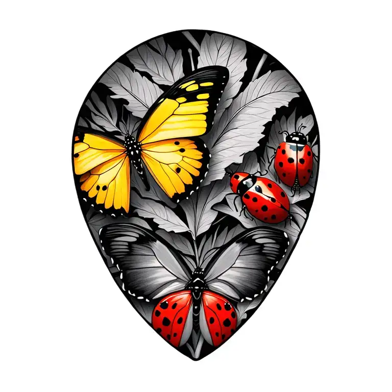 Butterflies And Ladybugs In Black And Grey With One Butterfly In Yellow And One Ladybug In Red