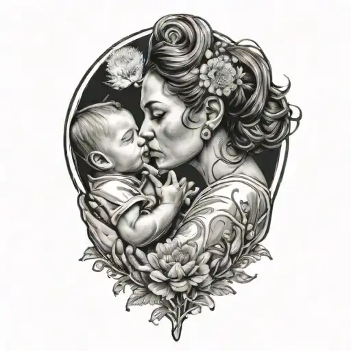 Black And Grey Portrait Of A Mother With Two Babies Blowing Dandelion Seeds