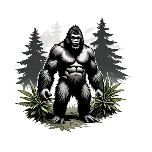Bigfoot With Weed Plants As Trees Behind Him