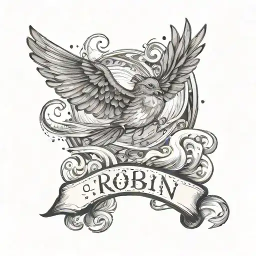 Create A Tattoo Design Inspired By The Name 'Robin' With A Mix Of Cloud And Wave Motifs