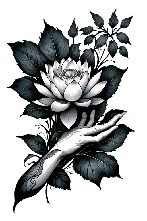 Lotus And Leaves Growing From Hand To Arm