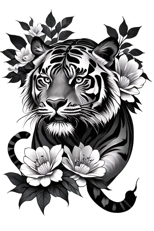 Thai Tiger And Flowers Intertwined