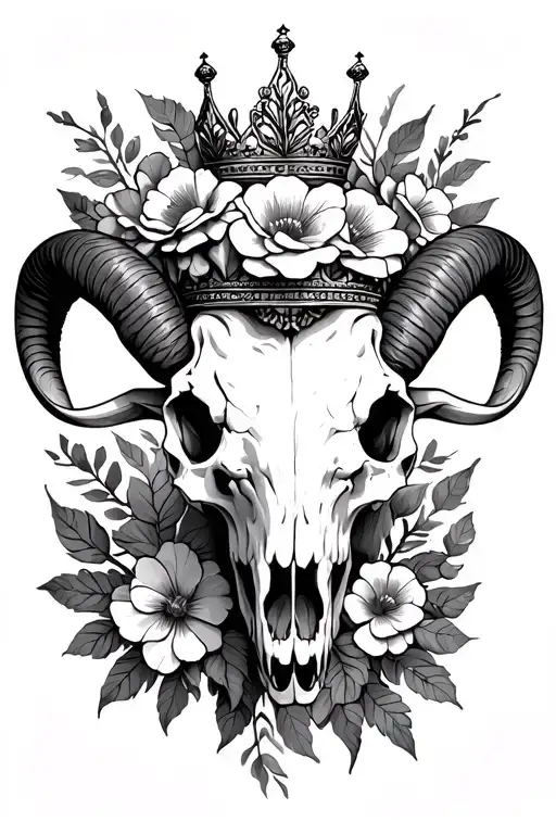 Aries Ram Skull With Flowers And Crown