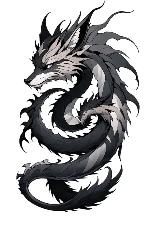 9 Tailed Fox And Dragon Wrapped Around Each Other
