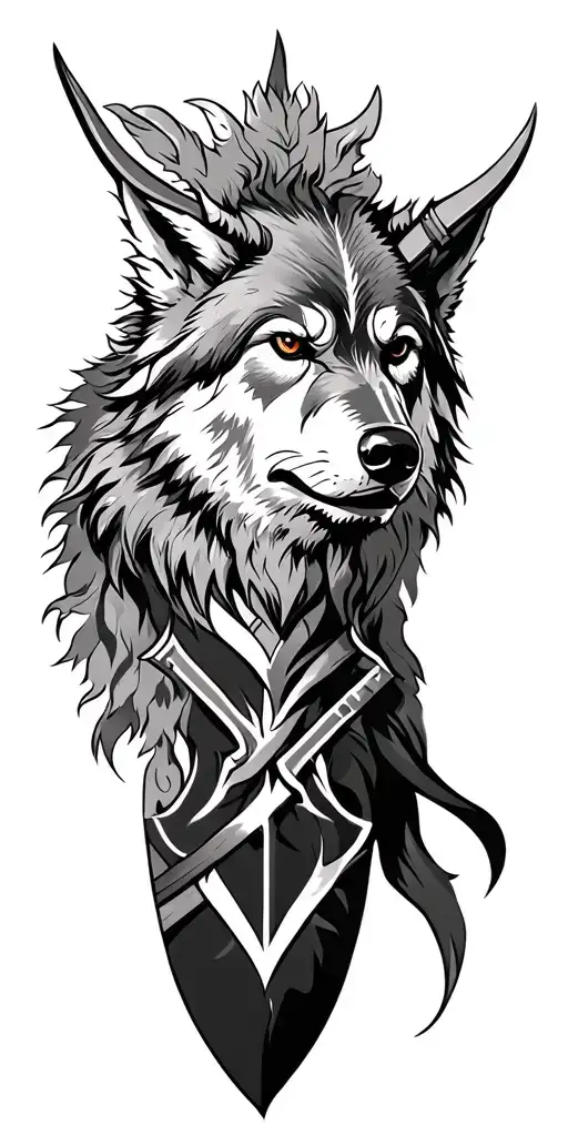 Viking With Wolf On The Head And Background Of War