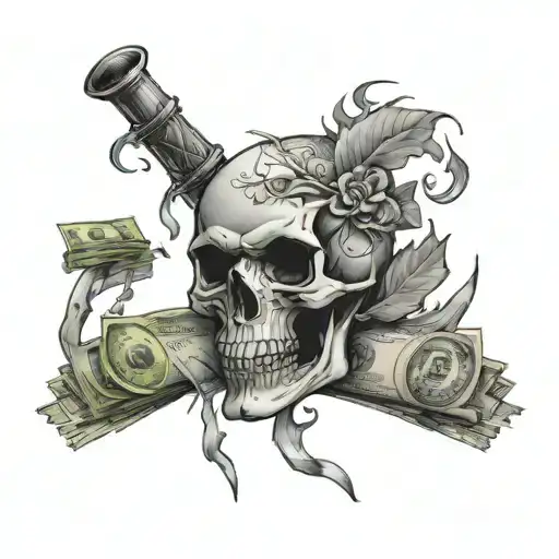 Right Arm Sleeve With Skull On Top Of Money With Flames Going Up
