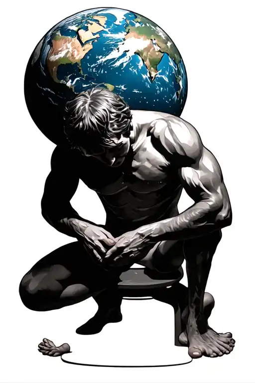 Atlas With Earth On His Shoulders While He's On One Knee Looking Forward And Down On A Pedi Stool