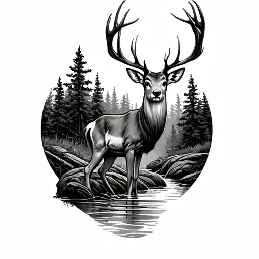 Winding Creek Through Pine Thicket With Deer