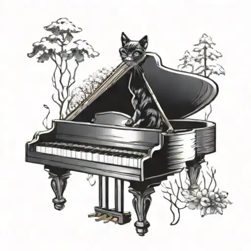 A Blackwork Tattoo Of A Cat Playing A Piano In A Whimsical Forest Setting