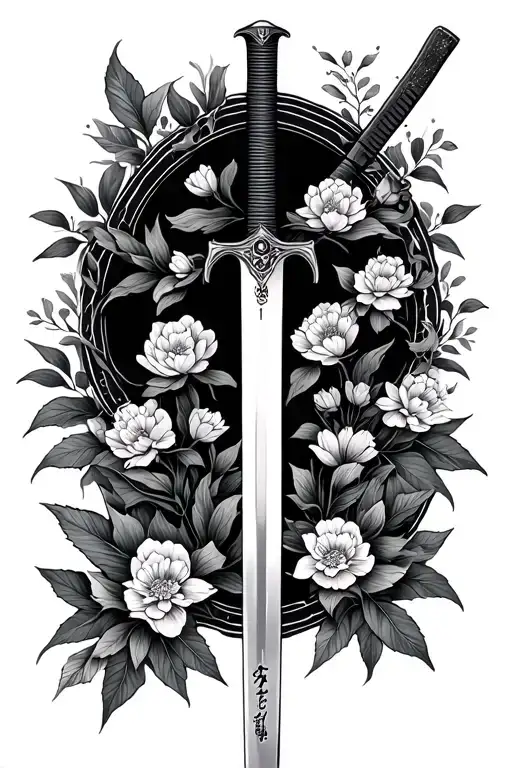 Katana Sword Full Length With Buds Surrounded By Foliage
