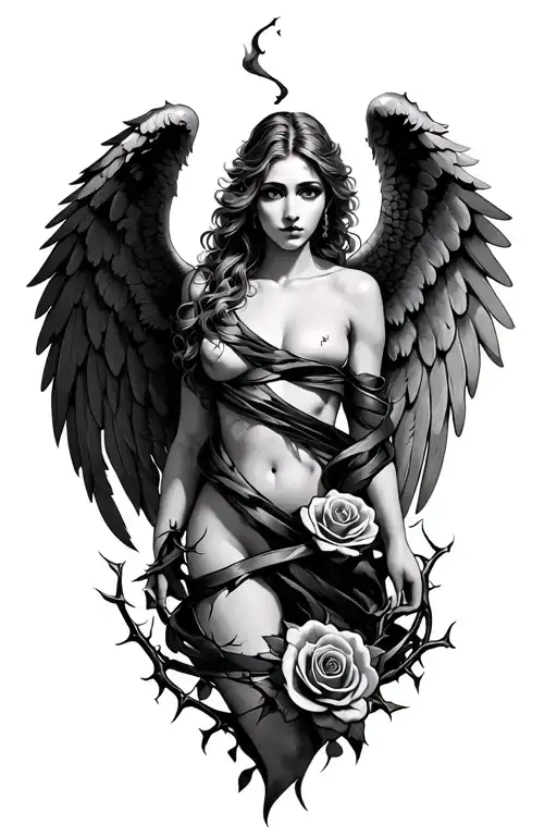 Smoldering Angel Wings With Rose Thorns Wrapped