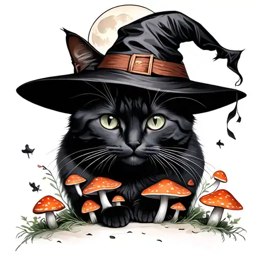 Black Cat Wearing Witch Hat Moon And Mushrooms Growing