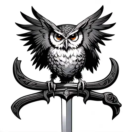 Owl Perched On A Sword Hilt Going Down The Spine