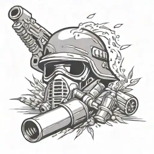 Hand Grenade Exploding Into A Field Of Bullets With A Military Helmet In The Background