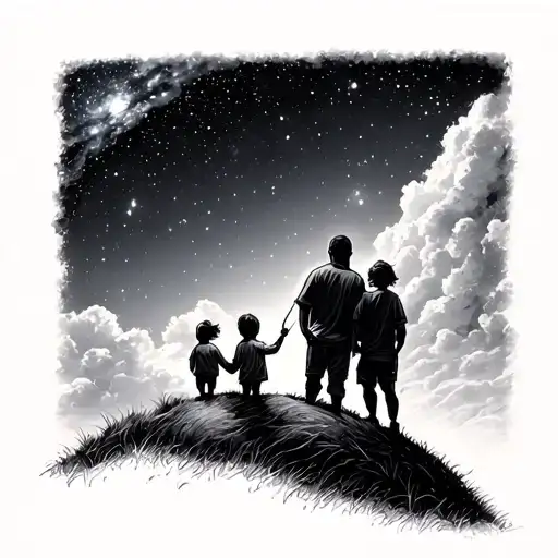 Man And Two Children On Hill Looking At Starry Sky