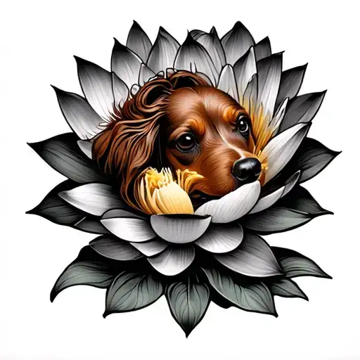 Brown Cocker And Lotus Flower