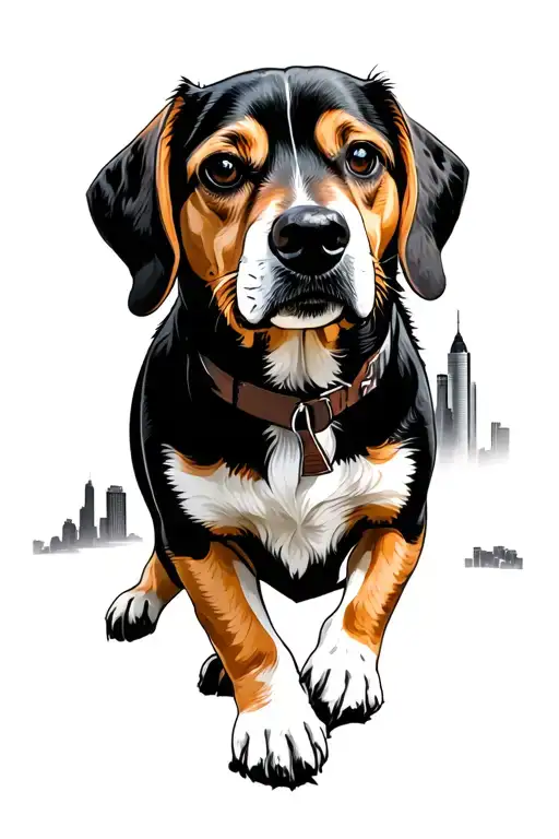 Beagle Walking To A Big City Skyline