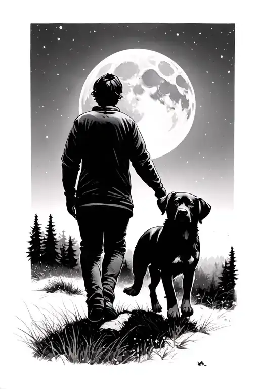 Me And My Dog Walking Together Towards The Forest With The Moon Out Above