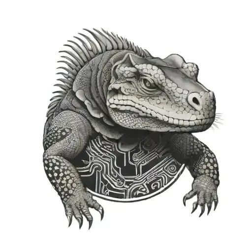 A Realistic Portrait Of A Komodo Dragon With Circuit Board Patterns As Background