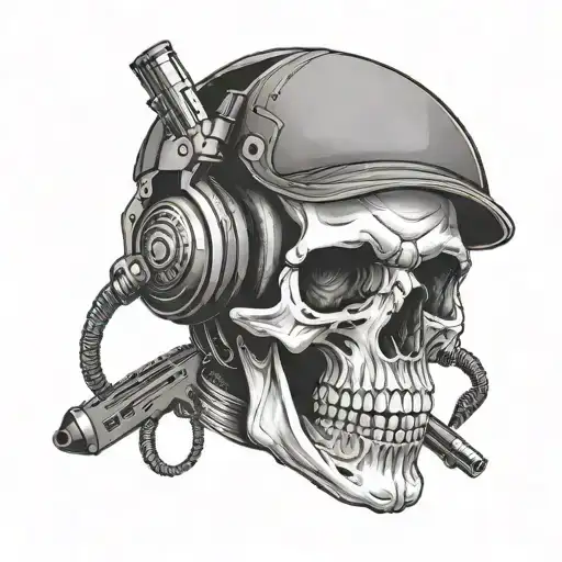 A Black-grey Tattoo Of A Skull Wearing A Developer's Headset With A Gun Crossed Behind It