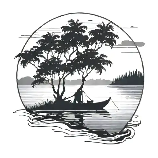 A Minimalist Silhouette Of A Boat Floating On Calm Sea Waters With Sea Trees In The Background