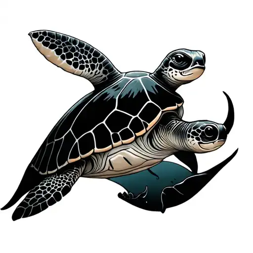 Turtle And Manta Ray Swimming Underwater