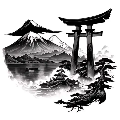 Japanese Samurai Sleeve With Mount Fuji Torii Gate Great
