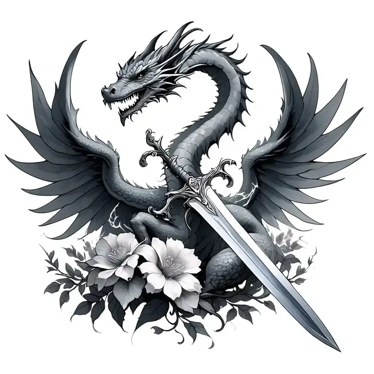 Dragon Lightning Wings Flowers Sword