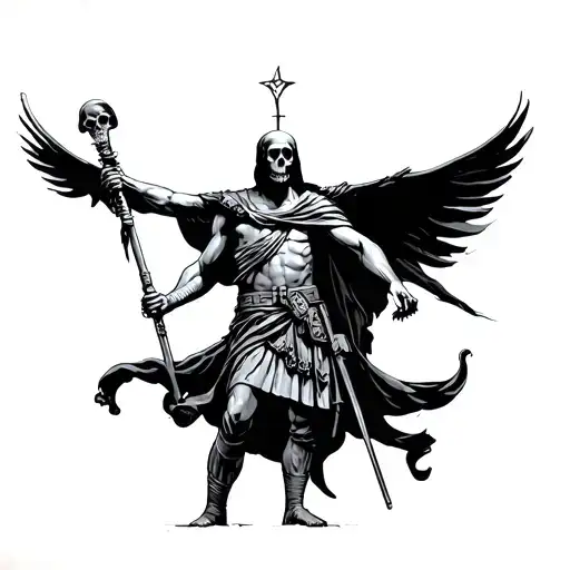 A Greek Soldier With A Grim Reaper Hanging Over Him