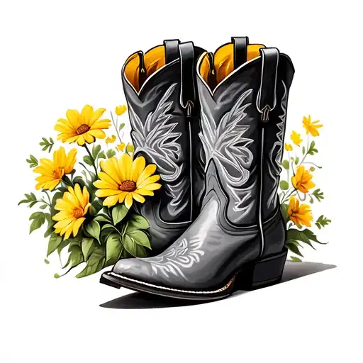 Cowboy Boots With Yellow Flowers Growing