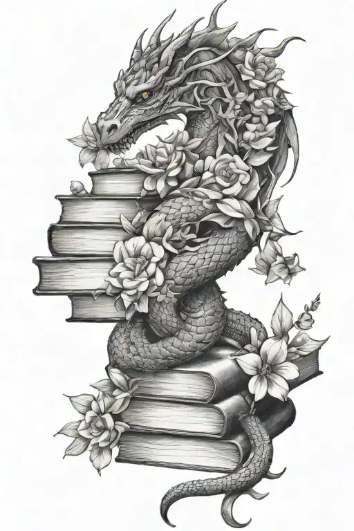 Dragon Wrapped Around Books Surrounded By Florals