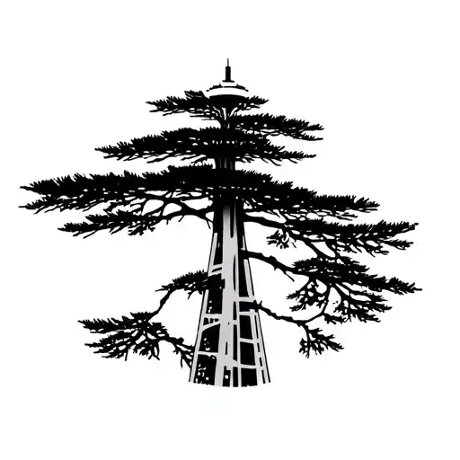 Pine Tree With Silhouette Space Needle