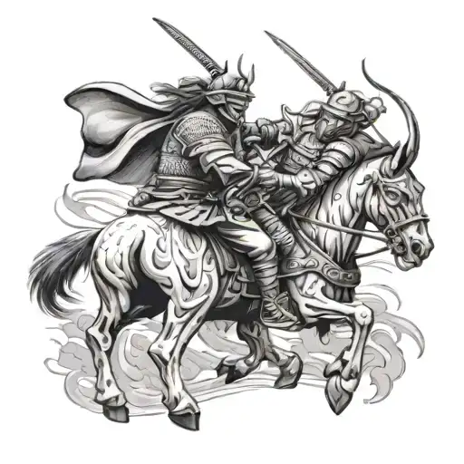A Tattoo Featuring A Rinoceronte And Samurai Facing Off In A Dramatic Battle Scene