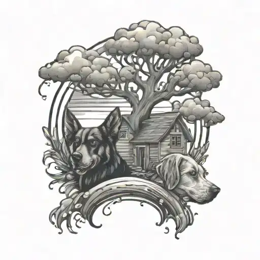 A Little House Sun And Storms And Two Dogs Paws Connected