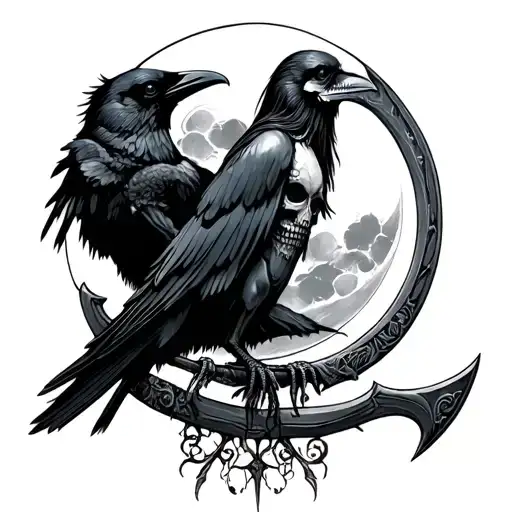 Santa Muerte Moon And Raven On Scythe
