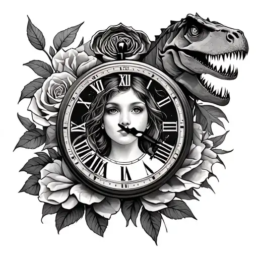 Clock And Girl And Rose And Mountail And Jurassic