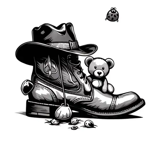 Cowboy Boot With Hat Sitting On Top With A Teddy Bear And A Lady Bug Around
