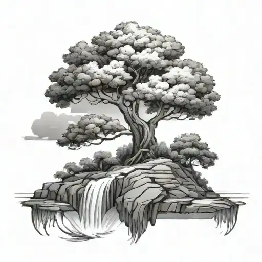 Tree On A Floating Island Black And White