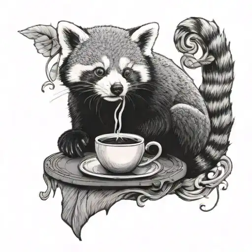 A Dotwork Tattoo Of A Red Panda Sipping Coffee In An Art Gallery