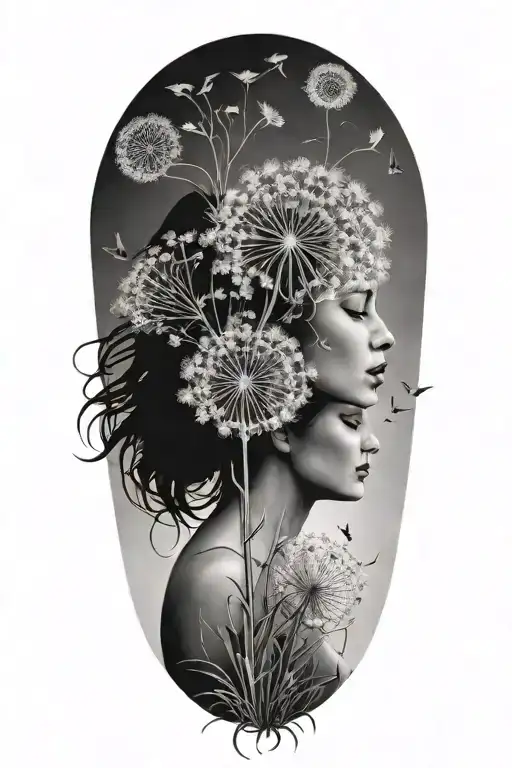 Dandelion Transforming Into A Faceless Woman Carrying Two Babies