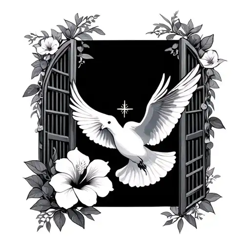Dove Around Gates To Heaven With A Hibiscus Flower