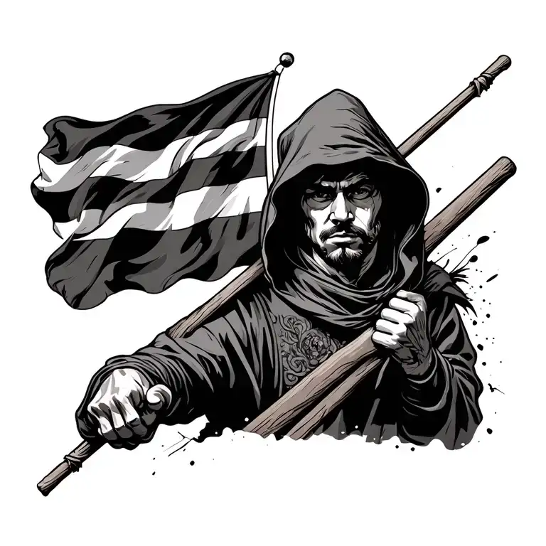 Hooded Man Holding Flag Pole With Flag Flying